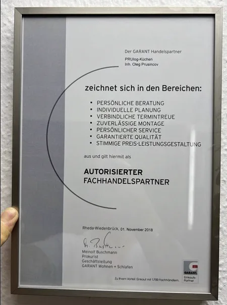 GARANT Autorisierter Fachhandelspartner Zertifikat — PRUlog seit 2018