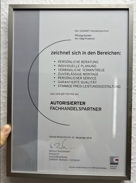 GARANT Autorisierter Fachhandelspartner — Zertifikat für PRUlog-Küchen, Inh. Oleg Prudnikov, seit 2018