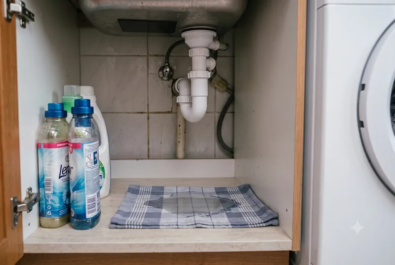 Aufgequollener Spanplattenboden im Unterschrank unter einer undichten Küchenspüle, die Beschichtung löst sich vom Untergrund