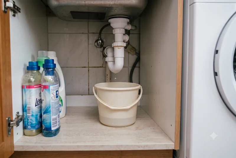 Tropfender Siphon im Unterschrank unter der Küchenspüle, darunter steht ein Eimer, der das Wasser auffängt